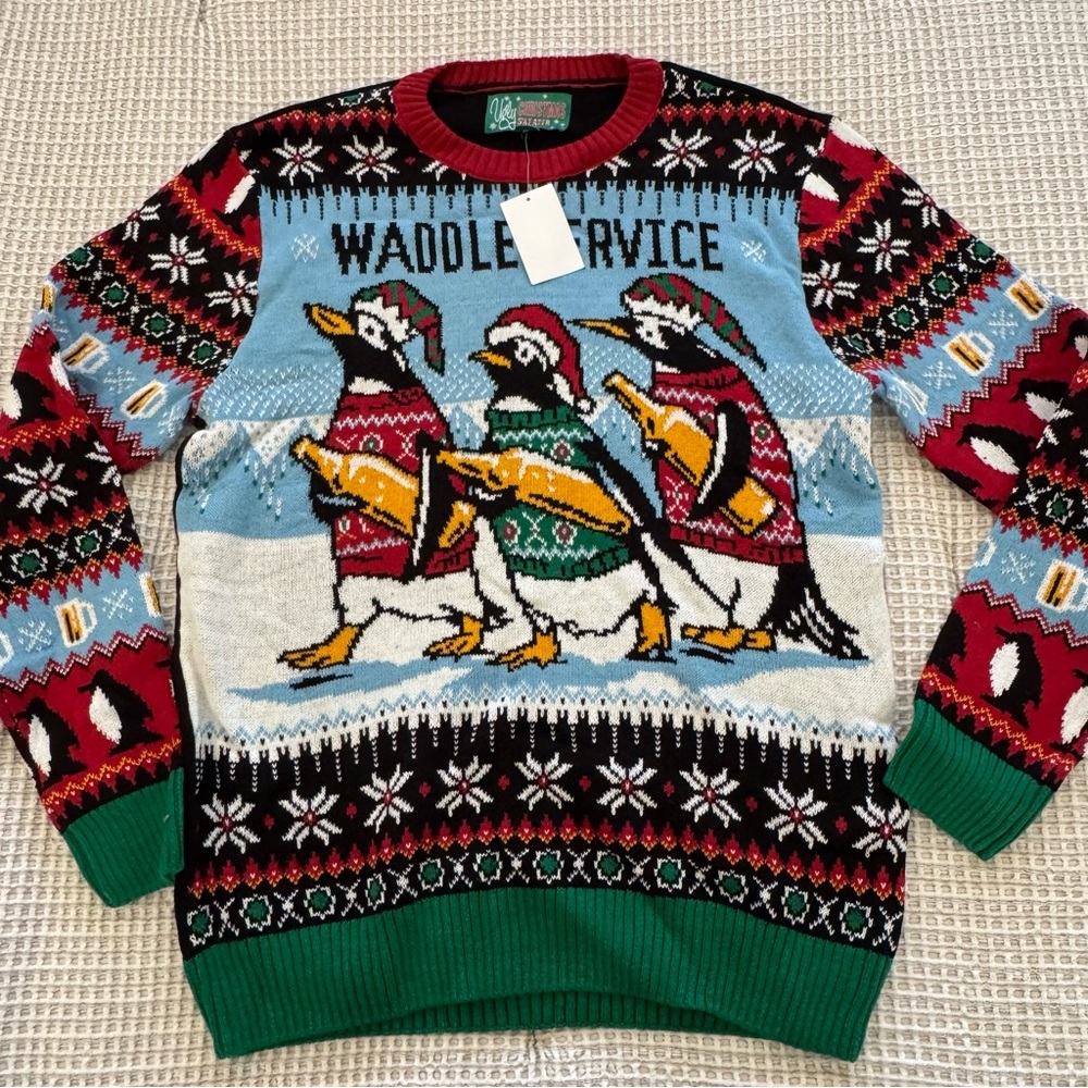 Ugly Christmas Sweater - Red, Green, Blue Penguin Crewneck